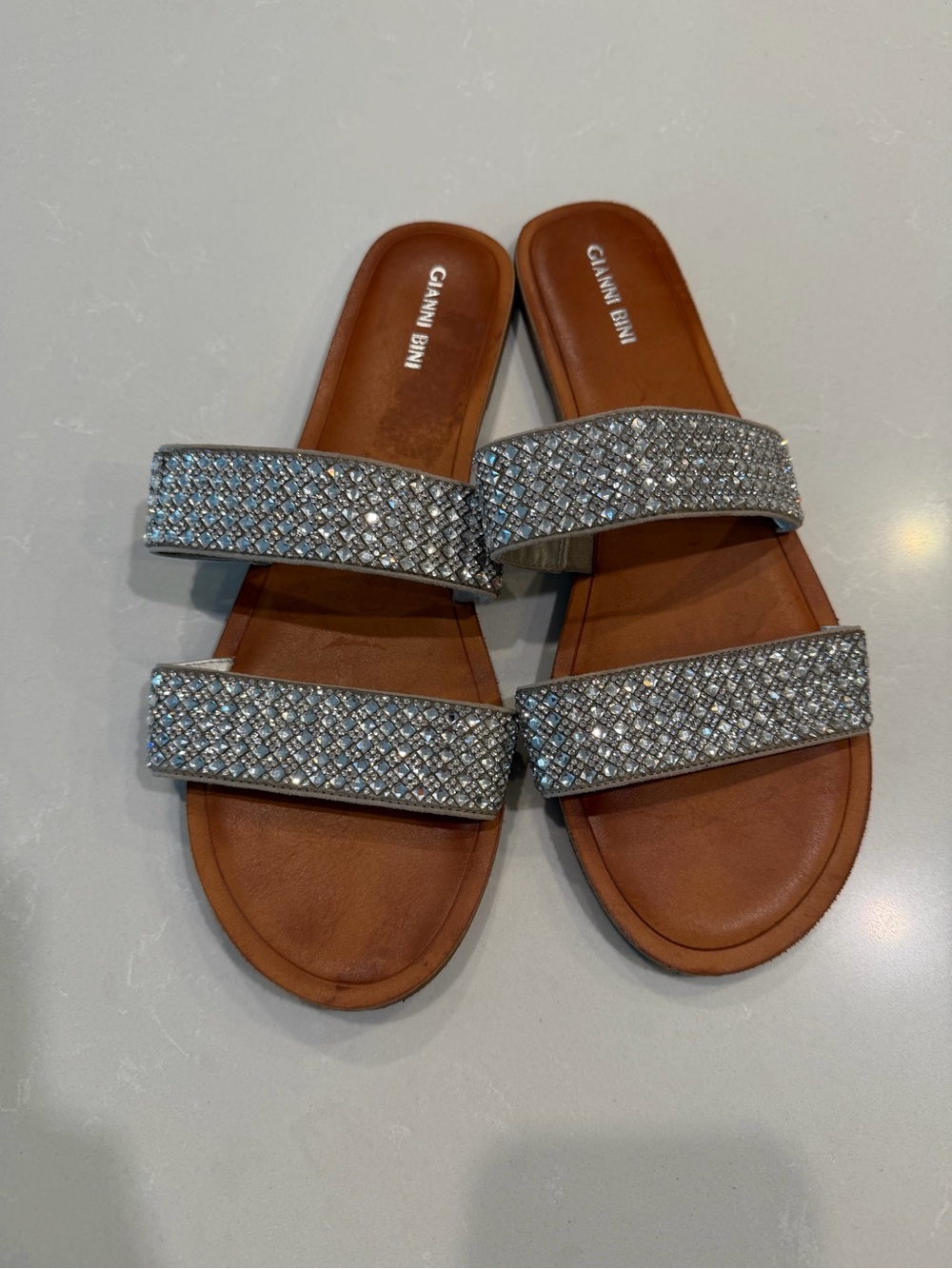 Gianni Bini Silver Crystal Double-Strap Slide Sandals